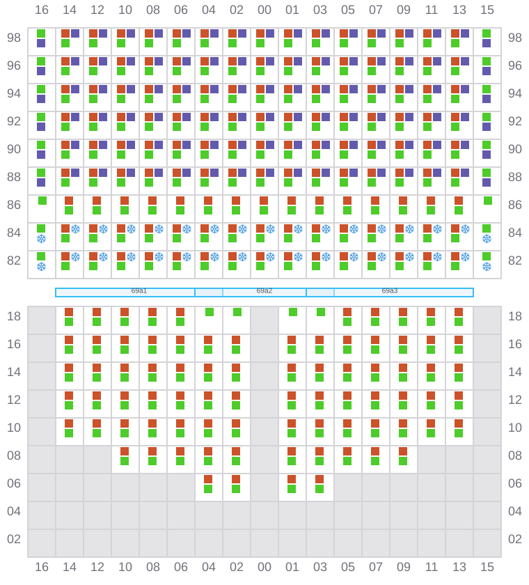 Bay 069 view and slots of CLEMENTINE MAERSK
