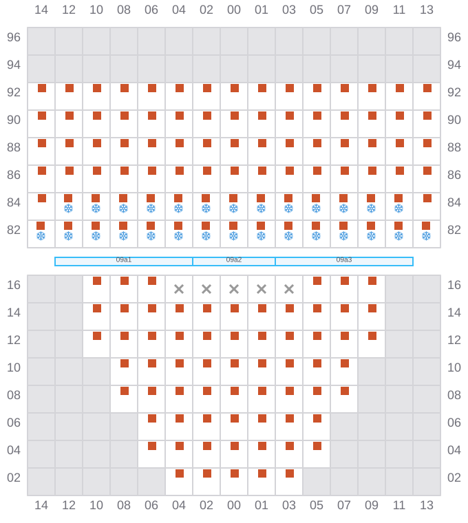 Bay 011 view and slots of RHINE MAERSK