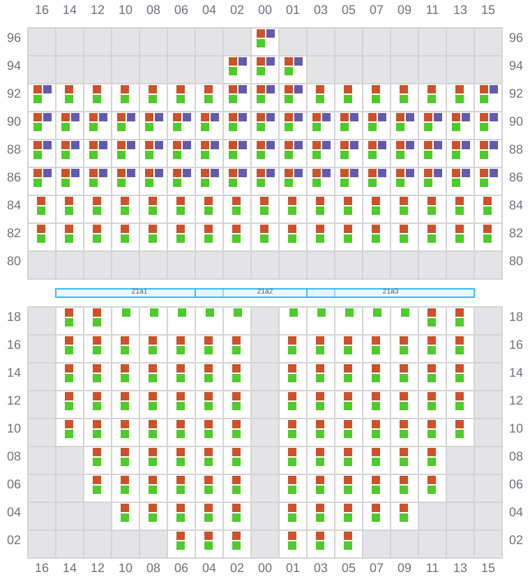 Bay 021 view and slots of MAERSK KLEVEN