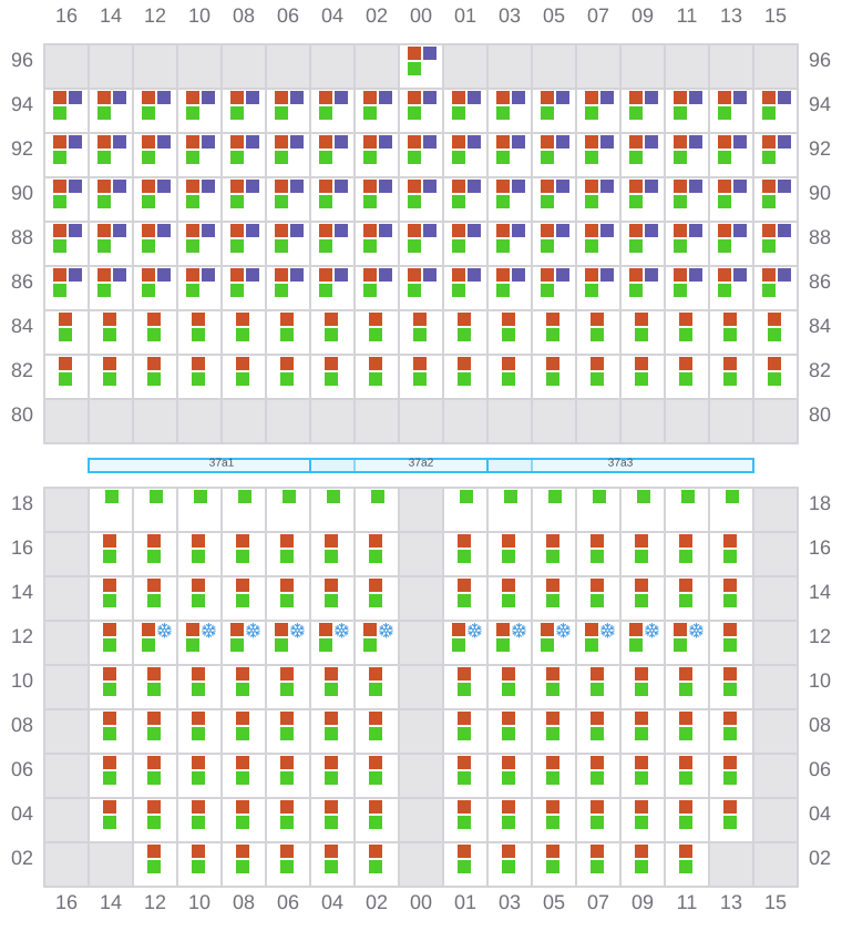 Bay 037 view and slots of MAERSK KLEVEN