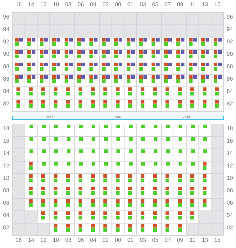 Bay 025 view and slots of MAERSK SEVILLE