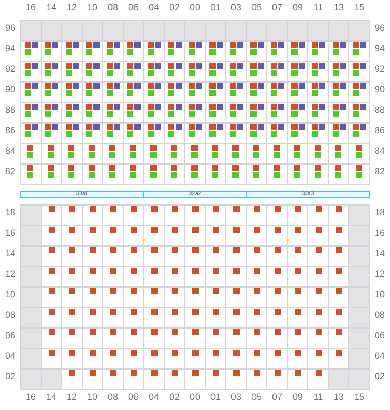 Bay 033 view and slots of MAERSK SEVILLE