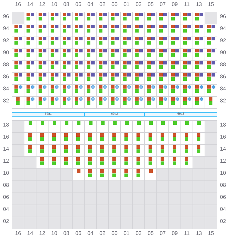 Bay 069 view and slots of MAERSK SEVILLE